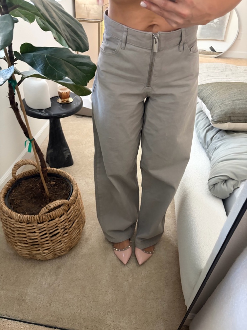 Mango Light Gray Wide-Leg Zip-Front Jeans